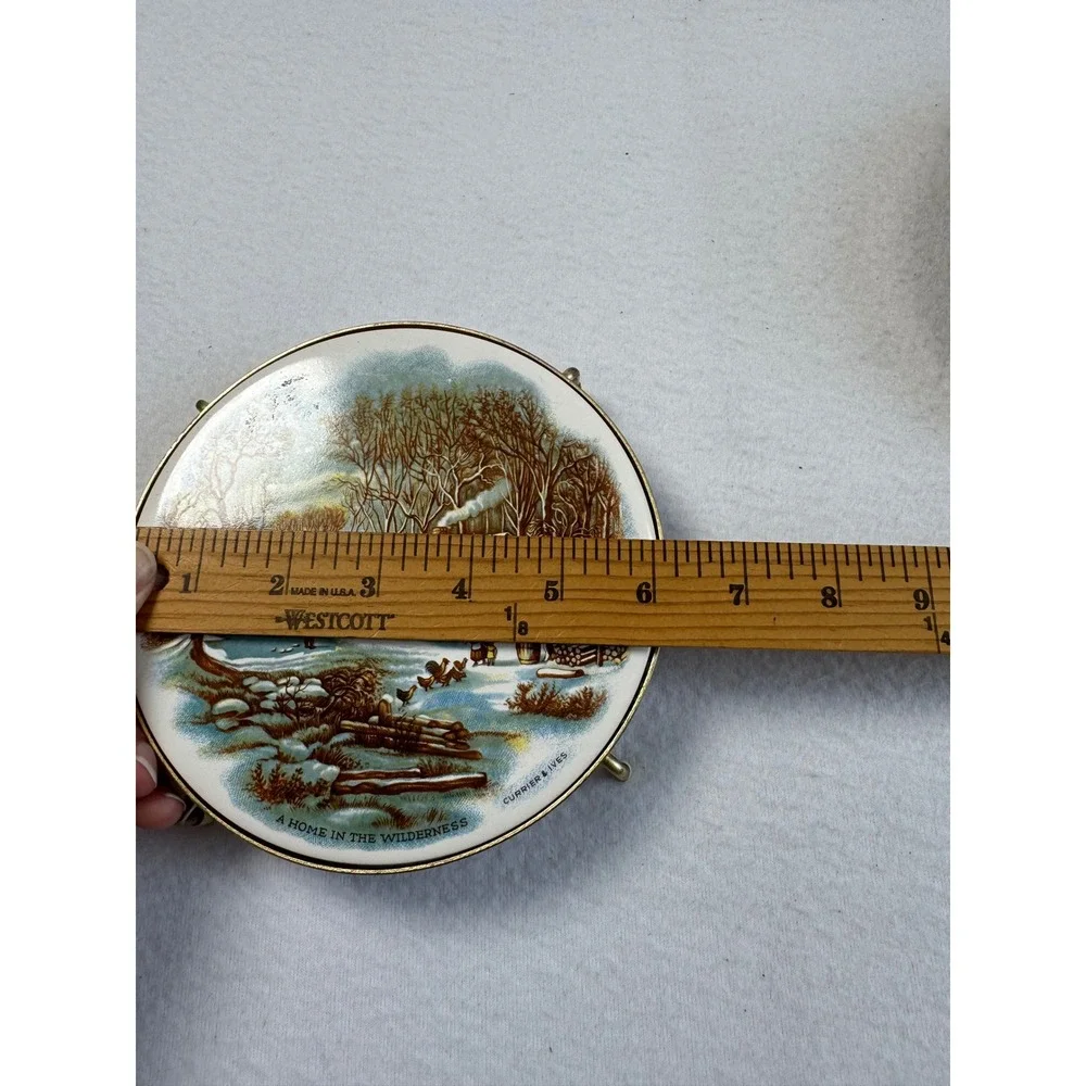 Vintage Currier & Ives Set of 2 Footed Trivets 6
